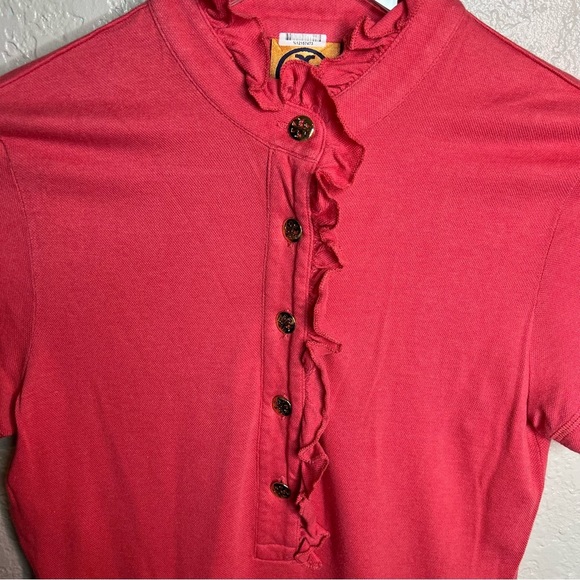 Tory Burch Coral/ Pink Ruffle Hem Top W/Half Button Down Short Sleeve - Picture 3 of 5